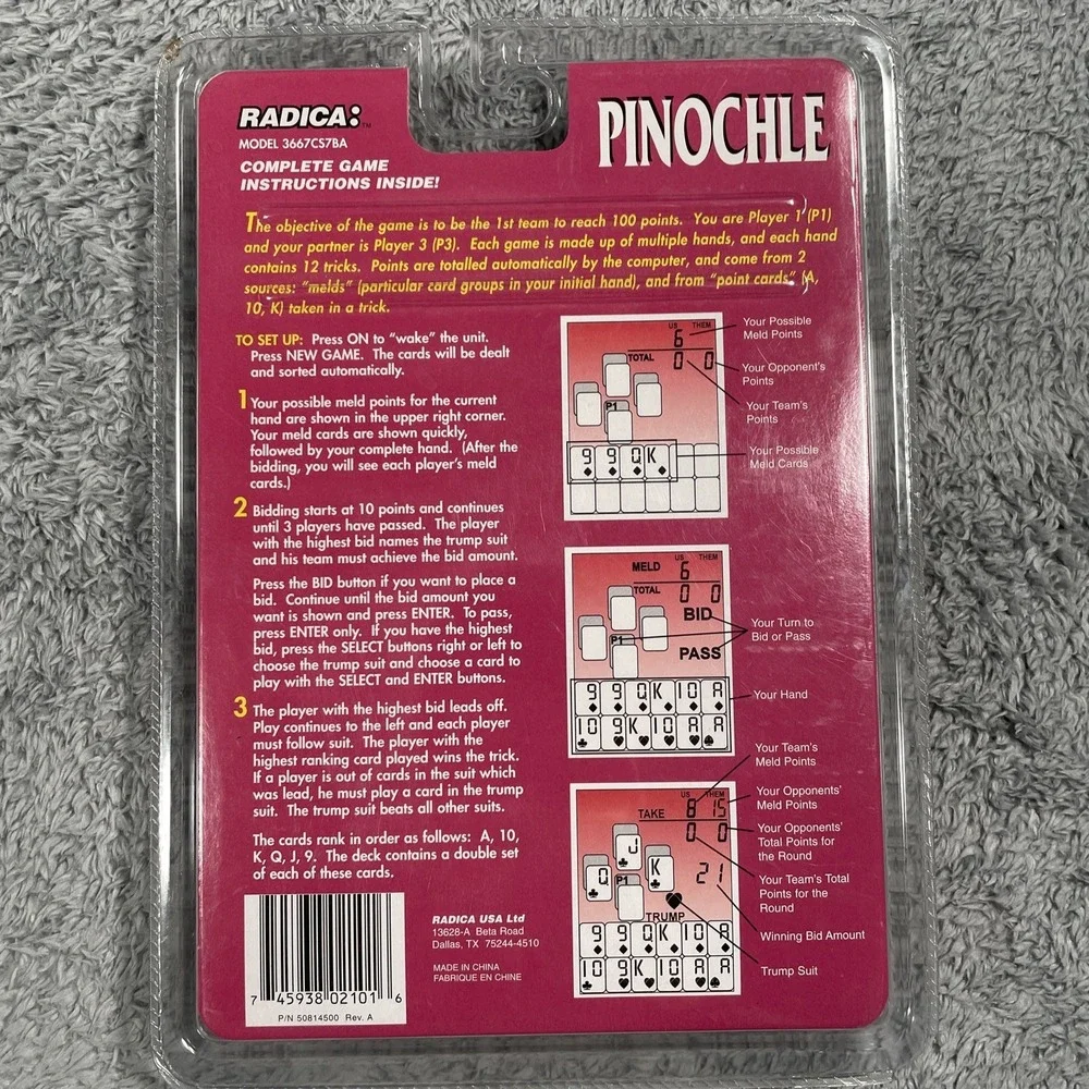 Radica Electronic Pinochle Handheld Travel Game 3667 CS7BA Vantage NOS Y2K